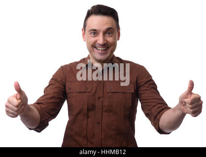 Happy handsome man showing Thumbs up. Isolated on white Banque D'Images