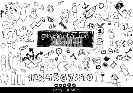 Business icons - ensemble de doodles freestyle pour la présentation. Affaires, finances, marketing, communication, arts et artisanat Illustration de Vecteur