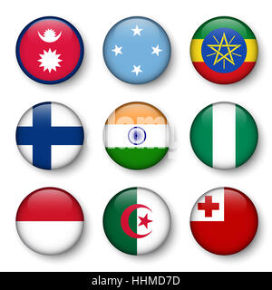 Ensemble de drapeaux du monde badges ronds ( Népal . Micronésie . L'Éthiopie . La Finlande . L'Inde . Le Nigeria . Monaco . L'Algérie . Tonga ) Banque D'Images