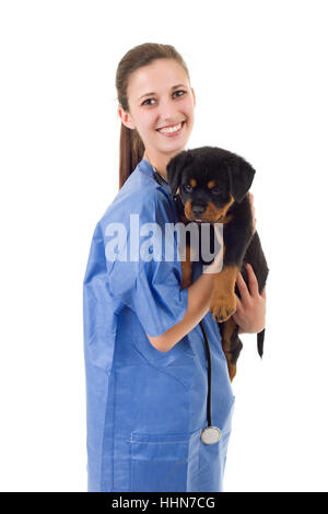 Brunette avec un vétérinaire de rottweiler puppy dog isolé sur fond blanc Banque D'Images