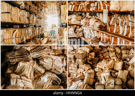 Situé Collage de vieux documents d'archives. Conservation de registres sur des étagères Banque D'Images