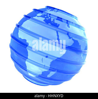 Blue Earth globe vitreux avec des lignes parallèles avec l'Afrique vue sur fond blanc. Banque D'Images