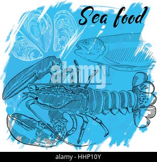 Hand drawn vector illustration, conception d'un menu de restaurant de fruits de mer. La photo montre le homard, le poisson et les huîtres sur un fond bleu. Illustration de Vecteur