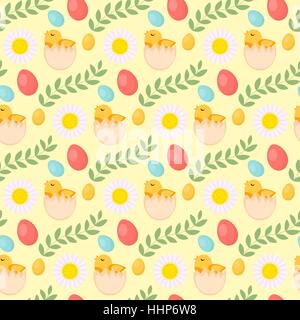 Pâques mignon motif transparent avec chick, oeufs et fleurs, toile sans fin. Maison de fond, texture, papier numérique. Vector illustration. Illustration de Vecteur