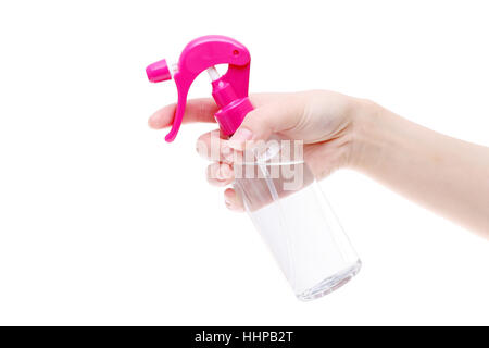 Hand holding spray parfum flacon plastique sur fond blanc Banque D'Images
