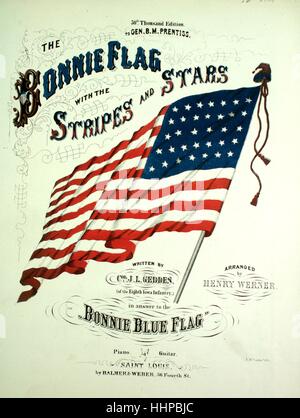 Image de couverture en partition de la chanson The Bonnie Flag with the Stripes and Stars 50th Thousand Edition, avec des notes d'auteur originales écrites par le Col JL Geddes (of the Eighth Iowa Infantry), en réponse au Bonnie Blue Flag arrangé par Henry Werner, 1863. L'éditeur est répertorié comme 'Balmer and Weber, 56 Fourth remplissant', la forme de composition est 'strophique avec chœur', l'instrumentation est 'piano et voix', la première ligne est 'We're Fighting for our Union, we're Fighting for our Trust', et l'artiste d'illustration est répertorié comme 'A. McLean lith'. Banque D'Images