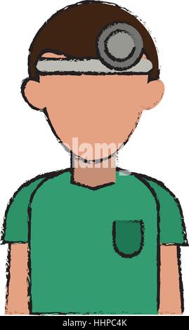 Caricature de médecin avec tête miroir vert et chirurgien uniforme Illustration de Vecteur