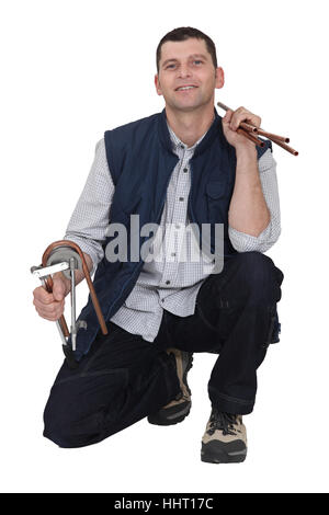 Gros plan, bleu, blanc, européen, du Caucase, du béton, un collier, des capacités, du corps, Banque D'Images