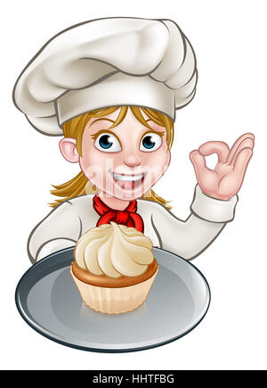 Une femme chef ou baker personnage tenant une plaque avec un petit gâteau ou fairy cake sur elle Banque D'Images