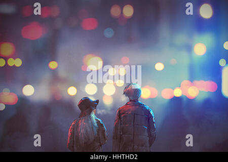 Vue arrière du couple dans l'amour de marcher sur la rue de ville la nuit,illustration peinture Banque D'Images