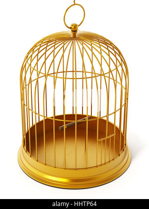 Cage à oiseaux or isolé sur fond blanc. 3D illustration. Banque D'Images