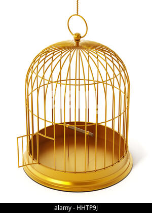 Cage à oiseaux or isolé sur fond blanc. 3D illustration. Banque D'Images