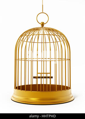 Cage à oiseaux or isolé sur fond blanc. 3D illustration. Banque D'Images