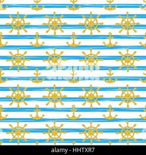 Motif nautique transparente avec des ancres d'or et d'expédier les roues sur fond blanc rayé noir. Pour l'élément de conception d'écran, carte d'anniversaire, scrapbooking, etc. impression tissu Vector illustration Illustration de Vecteur