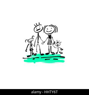 Croquis dessin doodle stick figure humaine famille heureuse Illustration de Vecteur