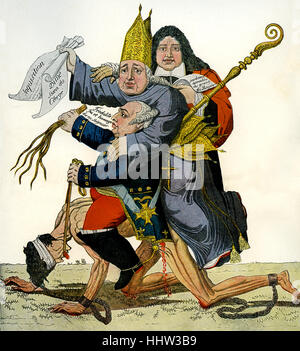 'Le peuple français pendant le temps de la monarchie absolue". Caricature anonyme de 1789 français représentant le peuple français avant la révolution ployant sous le poids des représentants de l'église et l'état. Banque D'Images