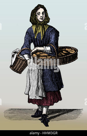 Les Cris de Londres : 'acheter ma Biskets néerlandais' par Marcellus Laroon, 1689. Femme vendant des biscuits hollandais. Première série de gravures Banque D'Images