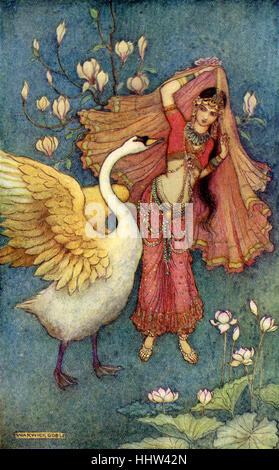 Mythes et légendes des Indiens : Damayanti a et le cygne. Illustration d'après une peinture par Warwick Goble, illustrateur anglais de Banque D'Images