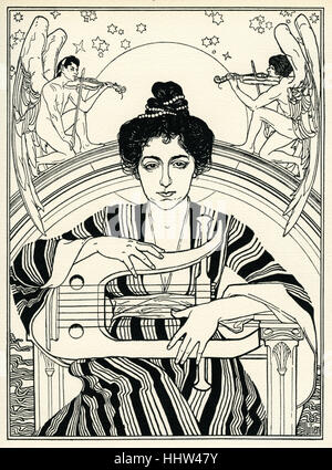 Ephraim Moses Lilien illustration de Lieder des Lebens. Jeune femme juive montre jouant de la lyre. Anges au violon Banque D'Images