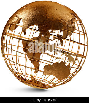 L'Asie, l'Australie, laiton, globe, planète, la terre, le monde, l'or, grille, grille, Banque D'Images