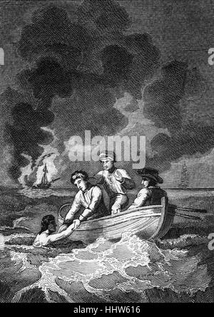 Sur son chemin hors de la Méditerranée en 1758, le Vice-amiral Brodrick hissé son pavillon sur le Prince George au convoi à une flotte marchande. Le navire a pris feu en mer le 13 avril et a été totalement détruit. Il ôta ses vêtements et sauta dans la mer où il a nagé pendant une heure avant d'être repris par l'un des navires marchands. Banque D'Images