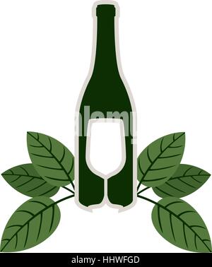 Bouteille de vin et gobelet silhouette avec des feuilles Illustration de Vecteur