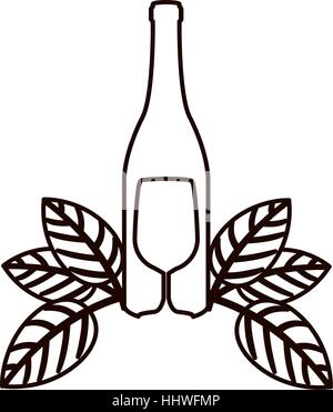 Vin bouteille contour et gobelet avec feuilles vector illustration Illustration de Vecteur