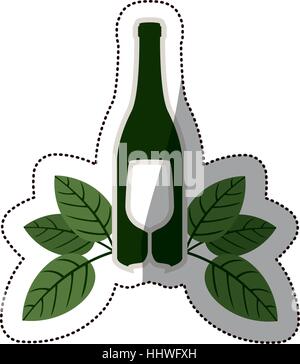Bouteille de vin et silhouette gobelet avec feuilles vector illustration Illustration de Vecteur