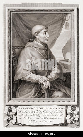 Francisco Jiménez de Cisneros, 1436 - 1517, aka Ximenes de Cisneros. Cardinal espagnol, religieux, et plus. Après une gravure dans Retratos de Los Españoles Ilustres, publié à Madrid, 1791 Banque D'Images
