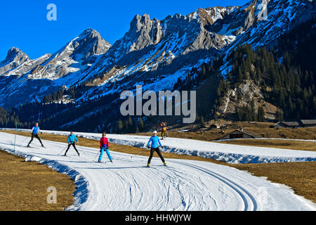 Les skieurs de fond en face du Massif des Aravis, neige artificielle, snowless, hiver espace nordique des Confins, La Clusaz Banque D'Images