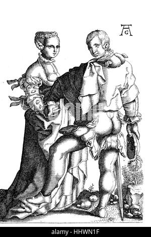 À partir de la gravure sur cuivre série (1502-1562) des danseurs, mariage, Hochzeitstaenzer par Heinrich Aldegrever, un important peintre, graveur sur cuivre allemand et le joint cutter de la Renaissance, l'image historique ou illustration, publié 1890, l'amélioration numérique Banque D'Images