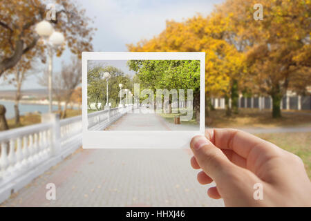 Holding Instant photo sur un fond d'automne. Banque D'Images