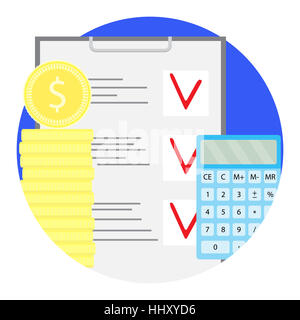 Compter le budget financier icône vecteur. Stock de pièces d'or avec la calculatrice et de la liste de l'illustration Banque D'Images