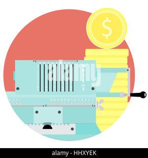 Compter l'argent télévision vecteur icône. L'ajout de machine et pièce d'or stock illustration. Budget de vérification et d'inspection ou de capital Banque D'Images