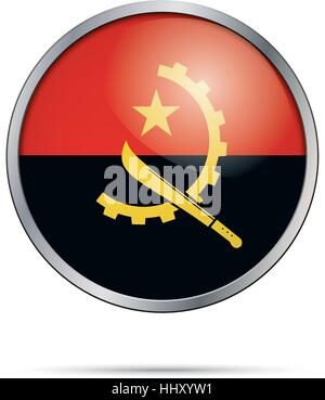 Bouton drapeau angolais de vecteur. Drapeau de l'Angola dans le style de bouton en verre avec cadre en métal. Illustration de Vecteur