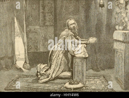 Le roi Édouard III, priant dans sa tente la nuit avant la bataille de Crécy Banque D'Images