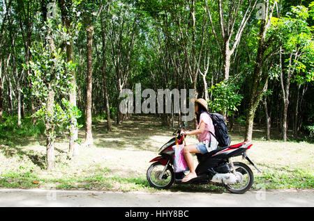 Meilleur backpacker asian woman people riding sur rue avec plantation d'hévéa rendez Manok pier à Koh Yao Noi le 7 juin 2016 à Phan Banque D'Images