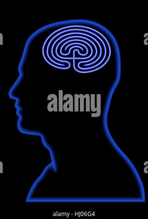 La confusion, désordre, penser, pensées, résumé, le cerveau, le labyrinthe, l'esprit, boueux, profil, Banque D'Images