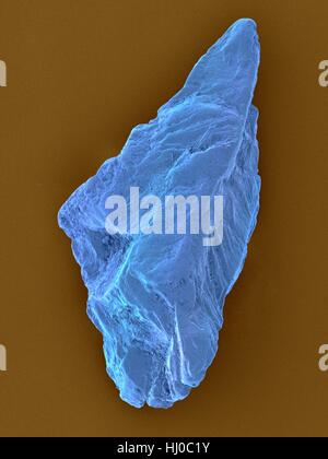 Couleur de l'analyse des électrons Microphotographie (SEM) d'un saphir non coupée. Le saphir est une pierre précieuse bleu généralement la variété de corindon (oxyde d'aluminium). Sapphire est très dense et très dur. La non-qualité précieuse sapphire est souvent utilisé comme un abrasif industriel, ou comme un verre antirayures. Agrandissement : x130 lorsque l'axe le plus court imprimé à 25 millimètres. Banque D'Images