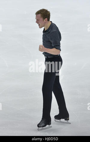 Kansas City, USA. 20 Jan, 2017. ROSS MINER célèbre après son programme court tenu au Sprint Center, Kansas City, Missouri. Credit : Amy Sanderson/ZUMA/Alamy Fil Live News Banque D'Images