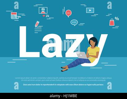 Femme assise avec un ordinateur portable sur les lettres paresseux et travailler Illustration de Vecteur