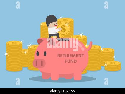 Businessman putting coins en tirelire avec mot de retraite, plan de retraite concept Illustration de Vecteur