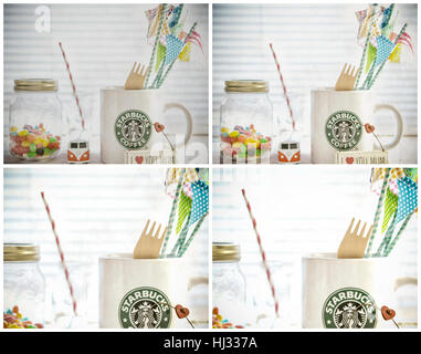 Mug blanc avec logo Starbucks Starbucks, VW camper Van, jelly beans on a white background. Banque D'Images