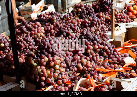 Les raisins rouges frais récoltés, marché Ballaro, Palerme, Sicile, Italie Banque D'Images