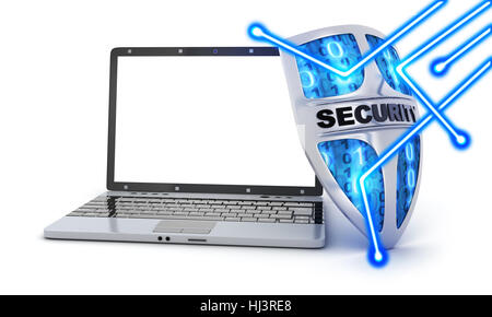 Bouclier abstrait et antivirus ordinateur portable écran blanc. 3d illustration Banque D'Images