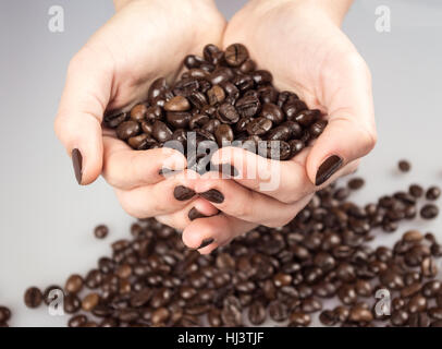 Close Up of Roasted Coffee Beans main de femme et plein de graines Banque D'Images