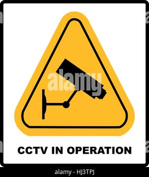 En fonctionnement CCTV sign - Caméra de sécurité dans triangle jaune isolé sur fond blanc. Vector illustration. Symbole d'avertissement pour les lieux publics Illustration de Vecteur