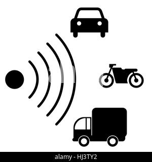 L'icône du radar route vitesse. Symbole de la circulation avis isolé sur blanc avec différents types de véhicules. Camion, voiture, moto silhouettes noires. Vector illu Illustration de Vecteur