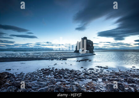 Un monument beach dans l'Islande a appelé le rocher Dinosaure dépasse 50 pieds hors de l'eau peu profonde au cours d'un lever tôt le matin. Banque D'Images