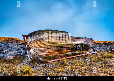 Un vieux bateau de pêche abandonnés depuis le début des années 1900 repose sur une plage éloignée car elle pourrit, exposant ainsi les nervures en bois du navire et la coque de l'infrastructure. Banque D'Images